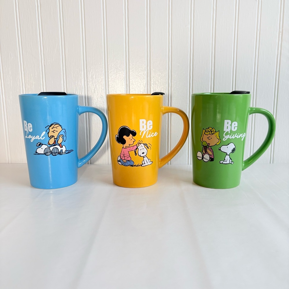 Set of 3 New Peanuts Coffee Commuter mugs with lids Snoopy Linus Lucy Gift